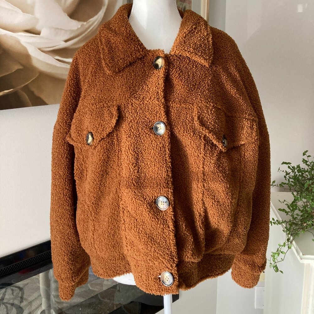 NEW Daphnea Paris Teddy Fur Trucker Jacket Women Medium Brown Fuzzy Soft Sherpa